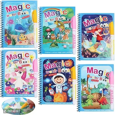 (Pack of 6) Reusable Magic Water Quick Dry Book Water Coloring Book Doodle with Magic Pen Painting Board for Kids, Children Education Drawing Pad
