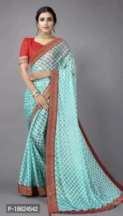 Stylish Cotton Blend Turquoise Self Pattern Saree with Blouse piece