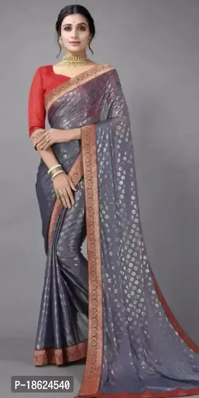 Stylish Cotton Blend Grey Self Pattern Saree with Blouse piece