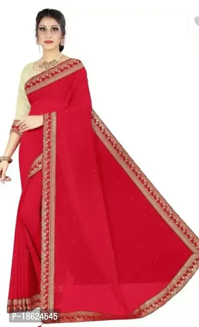 Stylish Cotton Blend Red Self Pattern Saree with Blouse piece-thumb0