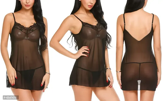 Stylish Net Self Design Women Sexy Babydoll Night Dress-thumb0