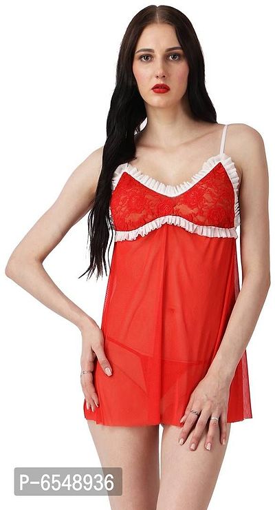 Net Red Solid Sexy Netted Baby Doll For Women