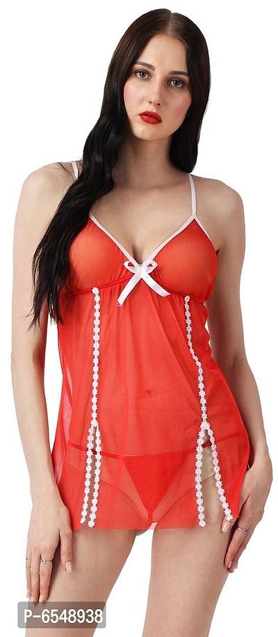 Net Red Solid Sexy Netted Baby Doll For Women