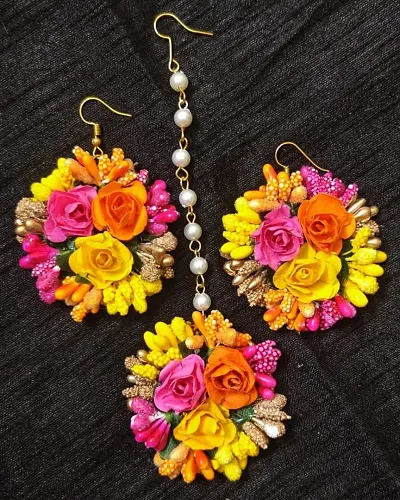 Chunky Fashionable Artificial Flower Earring Maangtikka Set