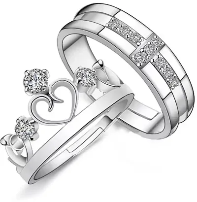 AdjustableCoupleRingsComboLoversCrownEngravedKingQueenAmericandiamondValentine Stainless Steel, Brass, Stone, Metal, Cubic Zirconia Silver, Plated Ring Set