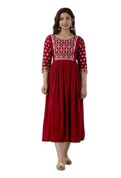 VRSS Enterprises Women's Beautiful Embelished Print Long Kurta (X-Large, BARN RED)