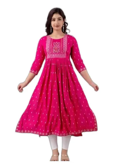 Stylish Rayon Straight Embroidered Naira Cut Kurti