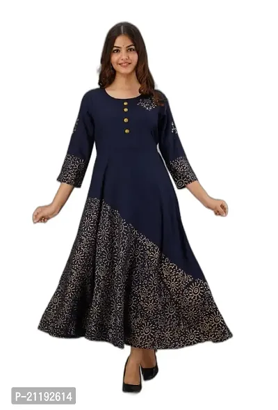 VRSS Enterprises Women's Gold Print Beautiful Dress Gown Kurta (X-Large, Midnight Blue)-thumb0