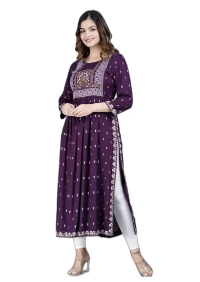 VRSS EMTERPRISES Embroided Naira Cut Long Ethnic Kurta (Medium, Dark Purple)