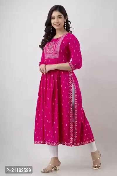 VRSS EMTERPRISES Embroided Naira Cut Long Ethnic Kurta (Large, Magenta Pink)-thumb3