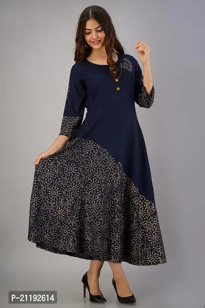 VRSS Enterprises Women's Gold Print Beautiful Dress Gown Kurta (X-Large, Midnight Blue)-thumb3