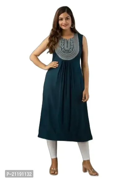 VRSS Enterprises Women's Beautiful Straight Embroidered Long Kurta (Large, Peacock Green)-thumb0