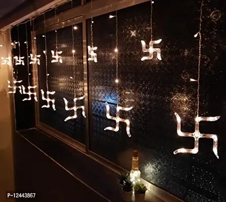 Hcetigol 12 Swastik LED Curtain Diwali String Lights Window Curtain Lights for Home Decoration with 8 Flashing Mode for Wedding, Home, Temple (6 Big6 Small Swastik, Warm White)-thumb0