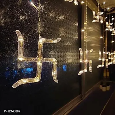 Hcetigol 12 Swastik LED Curtain Diwali String Lights Window Curtain Lights for Home Decoration with 8 Flashing Mode for Wedding, Home, Temple (6 Big6 Small Swastik, Warm White)-thumb3