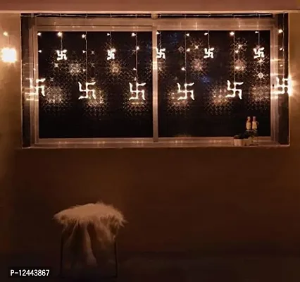 Hcetigol 12 Swastik LED Curtain Diwali String Lights Window Curtain Lights for Home Decoration with 8 Flashing Mode for Wedding, Home, Temple (6 Big6 Small Swastik, Warm White)-thumb5