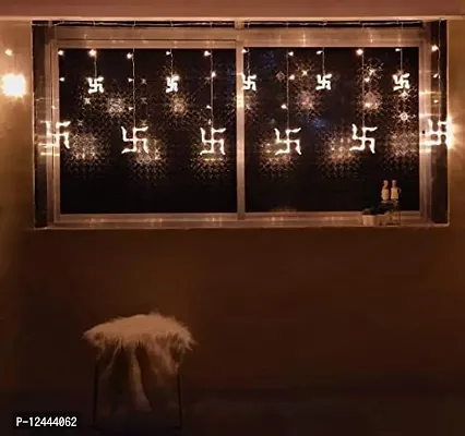 Hcetigol 12 Swastik LED Curtain Diwali String Lights Window Curtain Lights for Home Decoration with 8 Flashing Mode for Wedding, Home, Temple (6 Big6 Small Swastik, Warm White)-thumb2