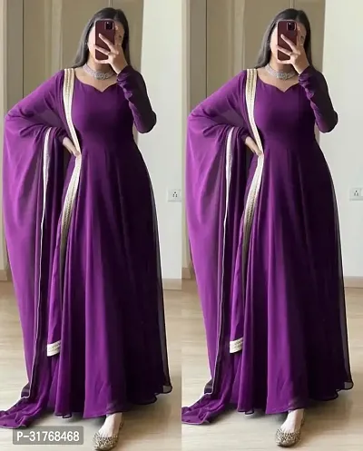 Elegant Purple Solid Georgette Gown With Dupatta For Women-thumb0