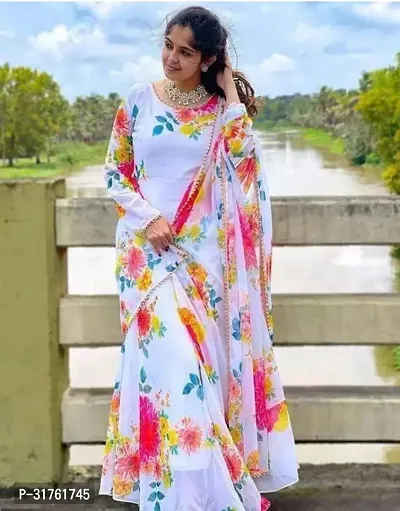 Stylish Multicoloured Georgette Printed Indo-western Ethnic Gowns With Dupatta For Women-thumb0