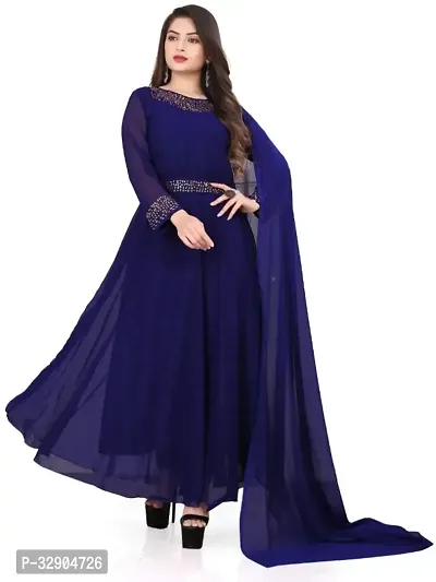 Stylish Navy Blue Printed Georgette Gown-thumb0