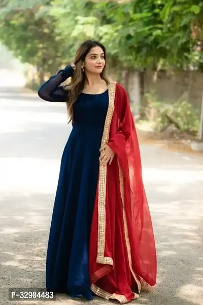 Stylish Navy Blue Printed Georgette Gown