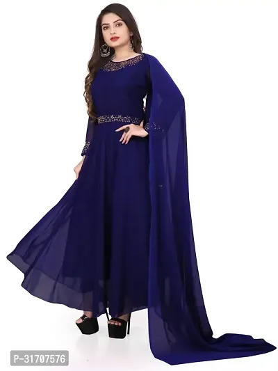 Stylish Indo-western Navy Blue Solid Georgette Gown With Dupatta For Women-thumb0