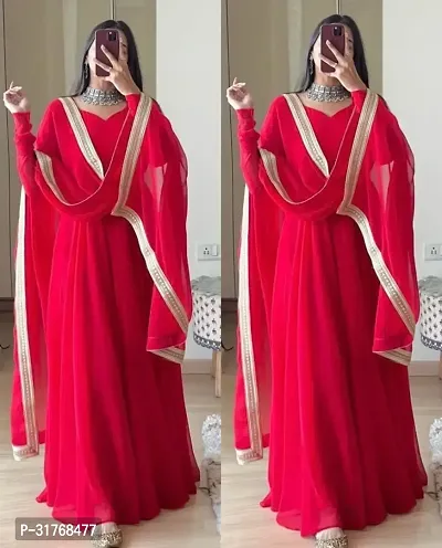 Elegant Red Solid Georgette Gown With Dupatta For Women-thumb0