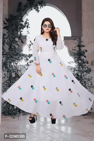 Stylish White Printed Georgette Gown-thumb0