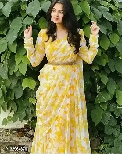 Stylish Yellow Printed Georgette Gown-thumb0