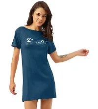 Freecultr Women's Twin Skin Bamboo Cotton T-Shirt Dress | Half Sleeves Long T-Shirt Top | Knee Length T-Shirt (Pack of 1) Sapphire-thumb3