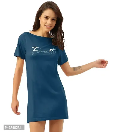 Freecultr Women's Twin Skin Bamboo Cotton T-Shirt Dress | Half Sleeves Long T-Shirt Top | Knee Length T-Shirt (Pack of 1) Sapphire-thumb4