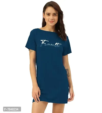 Freecultr Women's Twin Skin Bamboo Cotton T-Shirt Dress | Half Sleeves Long T-Shirt Top | Knee Length T-Shirt (Pack of 1) Sapphire