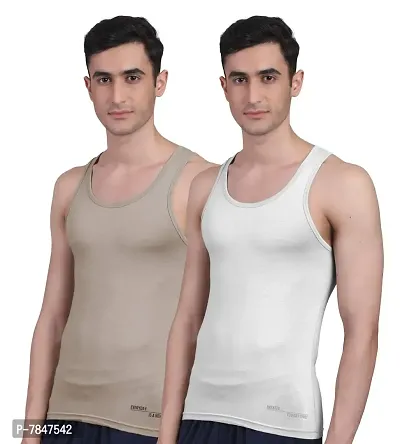 Freecultr Men's Twin Skin Bamboo Cotton Vest, Anti Microbial, Anti Odor, Breath tech Super Soft  Comfort Fit Inner wear (White  Sand, Medium, Pack of 2)