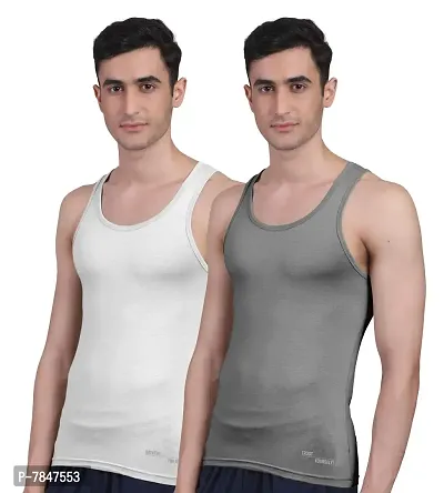 Freecultr Men's Twin Skin Bamboo Cotton Vest, Anti Microbial, Anti Odor, Breath tech Super Soft  Comfort Fit Inner wear (Charcol  White, Small, Pack of 2)-thumb0