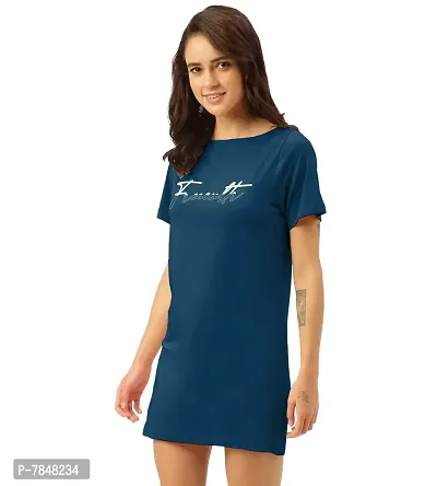 Freecultr Women's Twin Skin Bamboo Cotton T-Shirt Dress | Half Sleeves Long T-Shirt Top | Knee Length T-Shirt (Pack of 1) Sapphire-thumb3