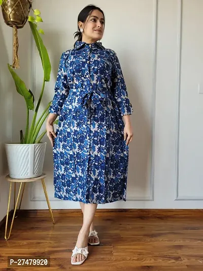 Stylish Blue Cotton Printed Fit And Flare Dress For Women