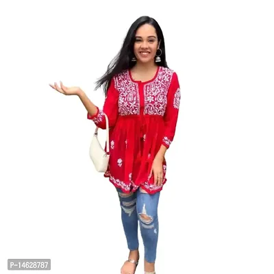weaRial Embroidery Georgatte Short Kurti for Women Attractive Short Kurti for Women Stylish Kurti (L, Red)-thumb0
