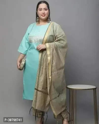 Stylish Blue Cotton Printed Kurta, Bottom And Dupatta Set For Women