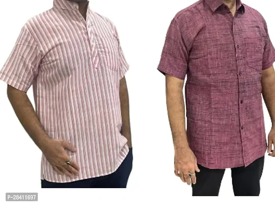 Stylish Multicoloured Khadi Cotton Solid Short Sleeves Casual Shirt For Men Pack Of 2