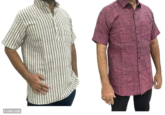 Stylish Multicoloured Khadi Cotton Solid Short Sleeves Casual Shirt For Men Pack Of 2