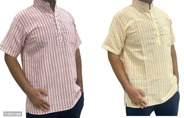 Stylish Multicoloured Khadi Cotton Solid Short Sleeves Casual Shirt For Men Pack Of 2-thumb0