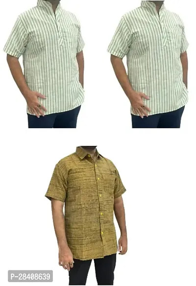 Fancy Khadi Cotton Short Sleeves Casual Shirt For Men Pack Of 3-thumb0