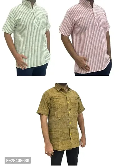 Fancy Khadi Cotton Short Sleeves Casual Shirt For Men Pack Of 3-thumb0