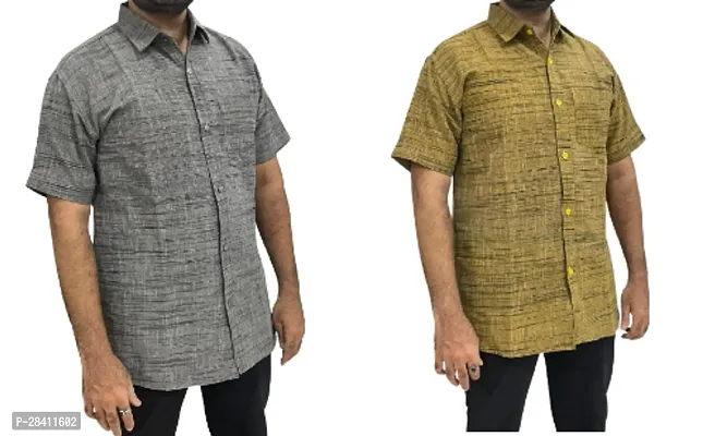 Stylish Multicoloured Khadi Cotton Solid Short Sleeves Casual Shirt For Men Pack Of 2-thumb0