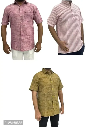 Fancy Khadi Cotton Short Sleeves Casual Shirt For Men Pack Of 3-thumb0