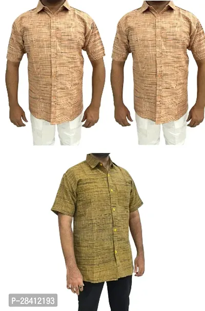 Stylish Multicoloured Khadi Cotton Solid Short Sleeves Casual Shirt For Men Pack Of 3-thumb0