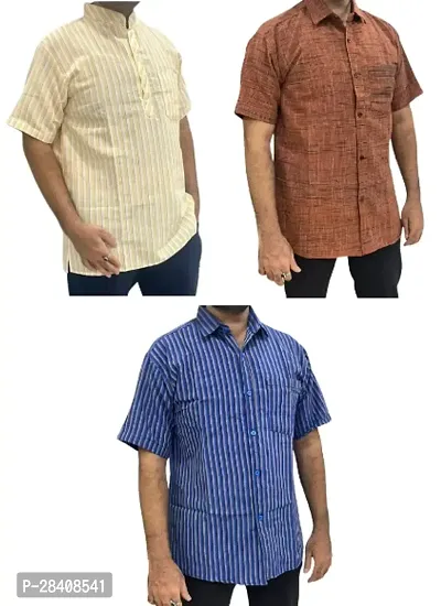 Fancy Khadi Cotton Short Sleeves Casual Shirt For Men Pack Of 3-thumb0