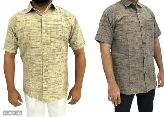 Stylish Multicoloured Khadi Cotton Solid Short Sleeves Casual Shirt For Men Pack Of 2-thumb0