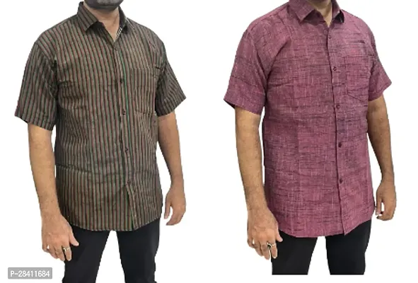 Stylish Multicoloured Khadi Cotton Solid Short Sleeves Casual Shirt For Men Pack Of 2-thumb0