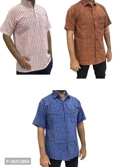 Stylish Multicoloured Khadi Cotton Solid Short Sleeves Casual Shirt For Men Pack Of 3-thumb0