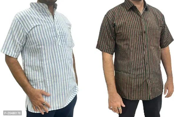 Fancy Khadi Cotton Short Sleeves Casual Shirt For Men Pack Of 2-thumb0